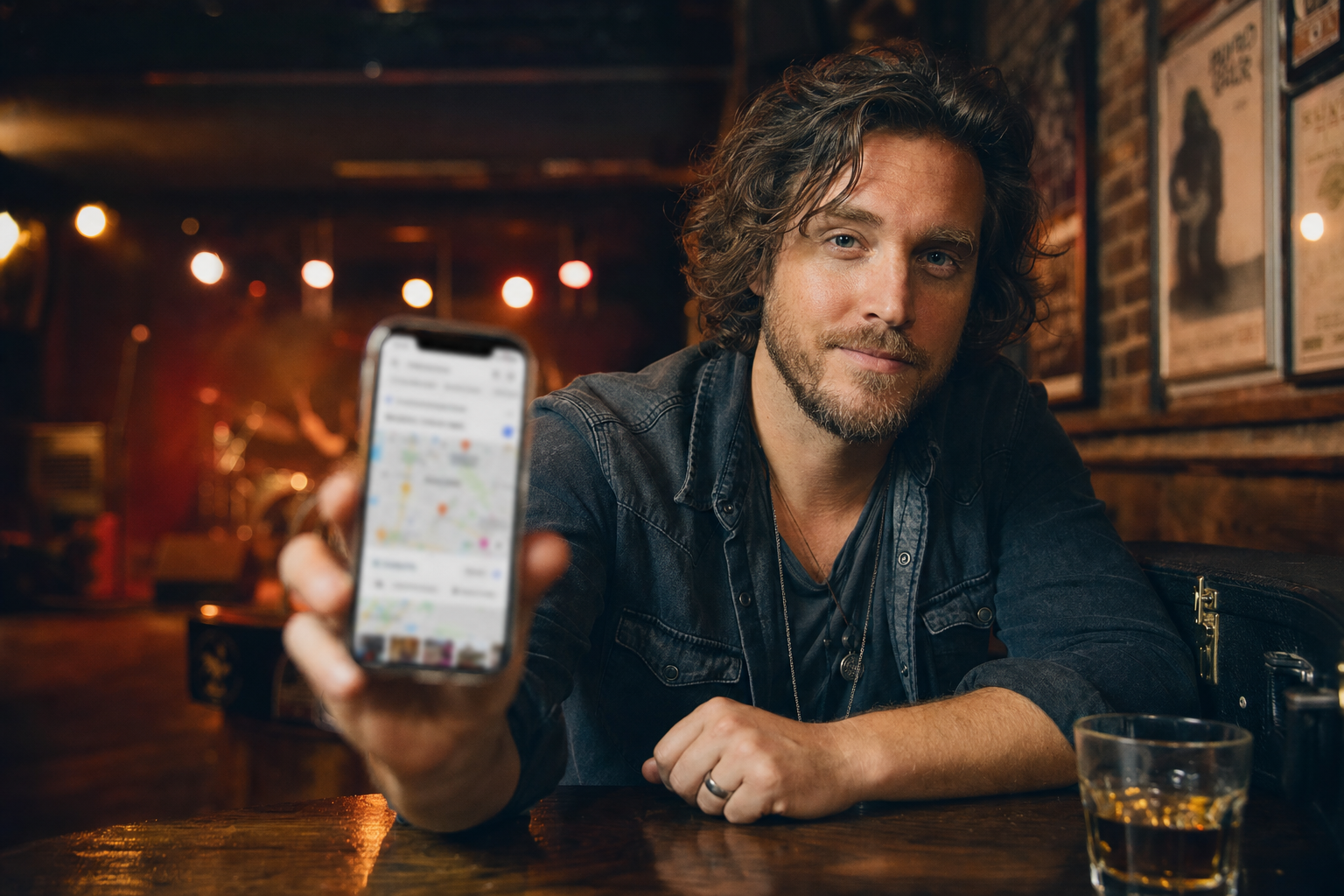 Musician in a venue checking local search on a phone