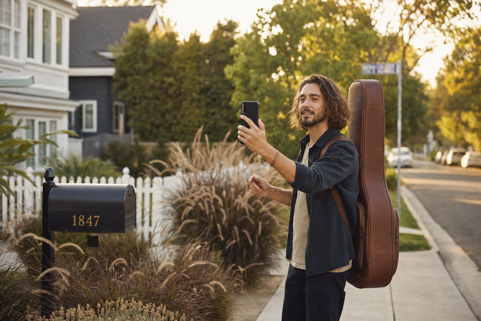 Performer on a residential street holding a phone to record Google Business Profile video verification