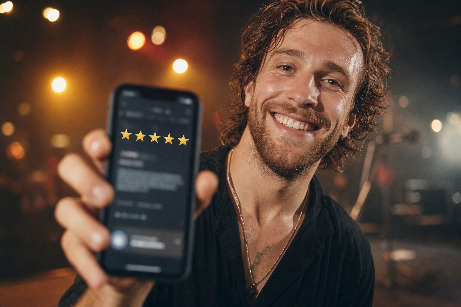 Performer holding a phone showing five-star reviews after a gig