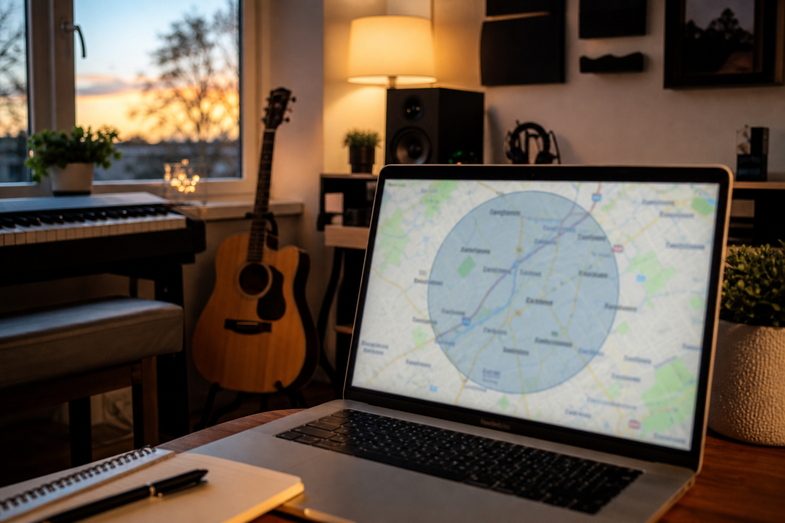Home studio with laptop showing a blurred map and service-area concept