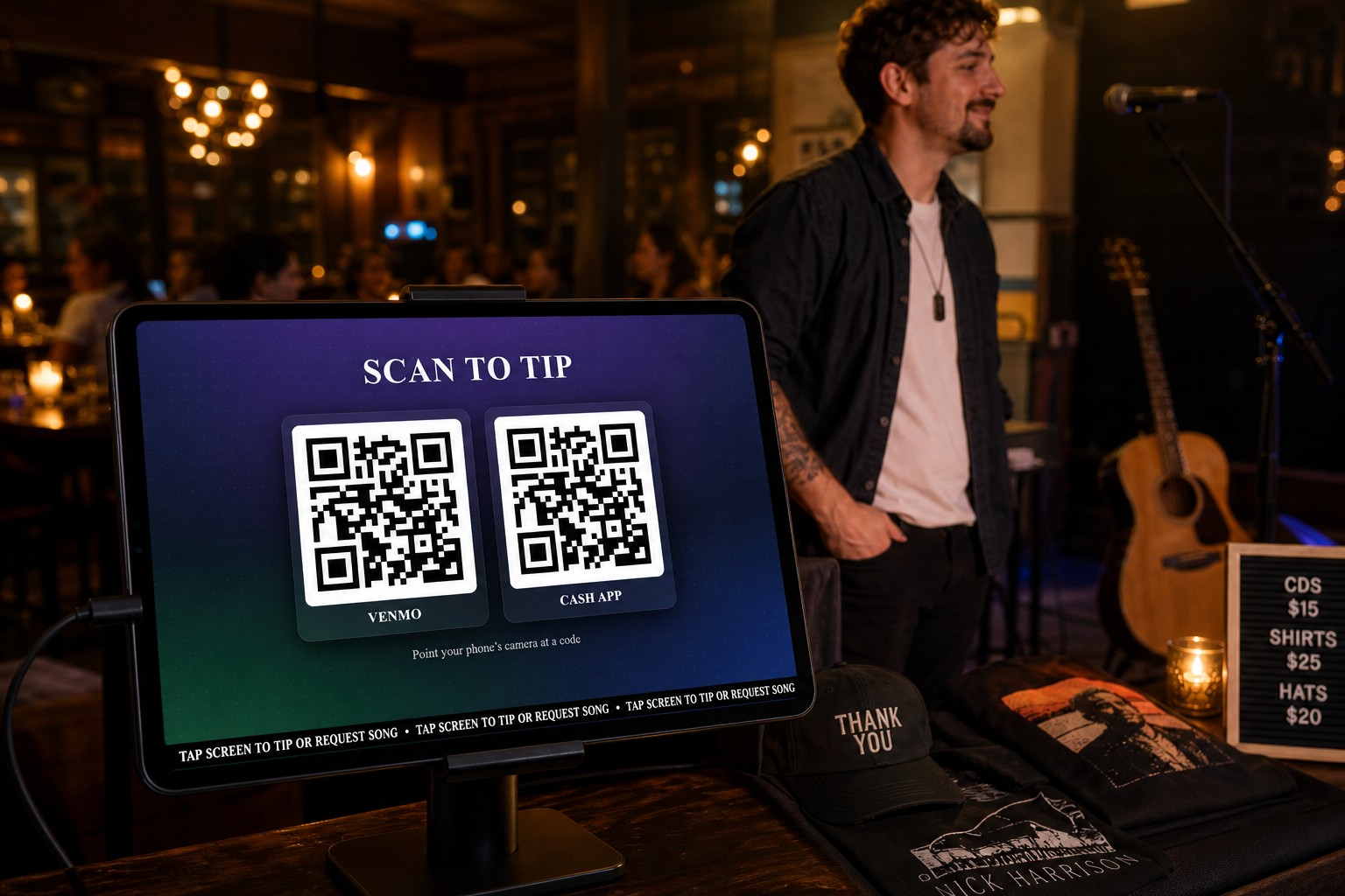 iPad on a stand at a live gig showing Scan to Tip with Venmo and Cash App codes and a Tap Screen to Tip or Request Song bar