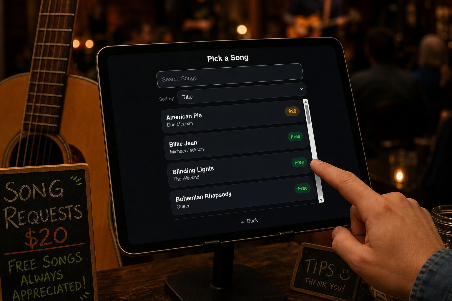 iPad Pick a Song list at a gig with search, sort, and songs marked Free or a tip amount
