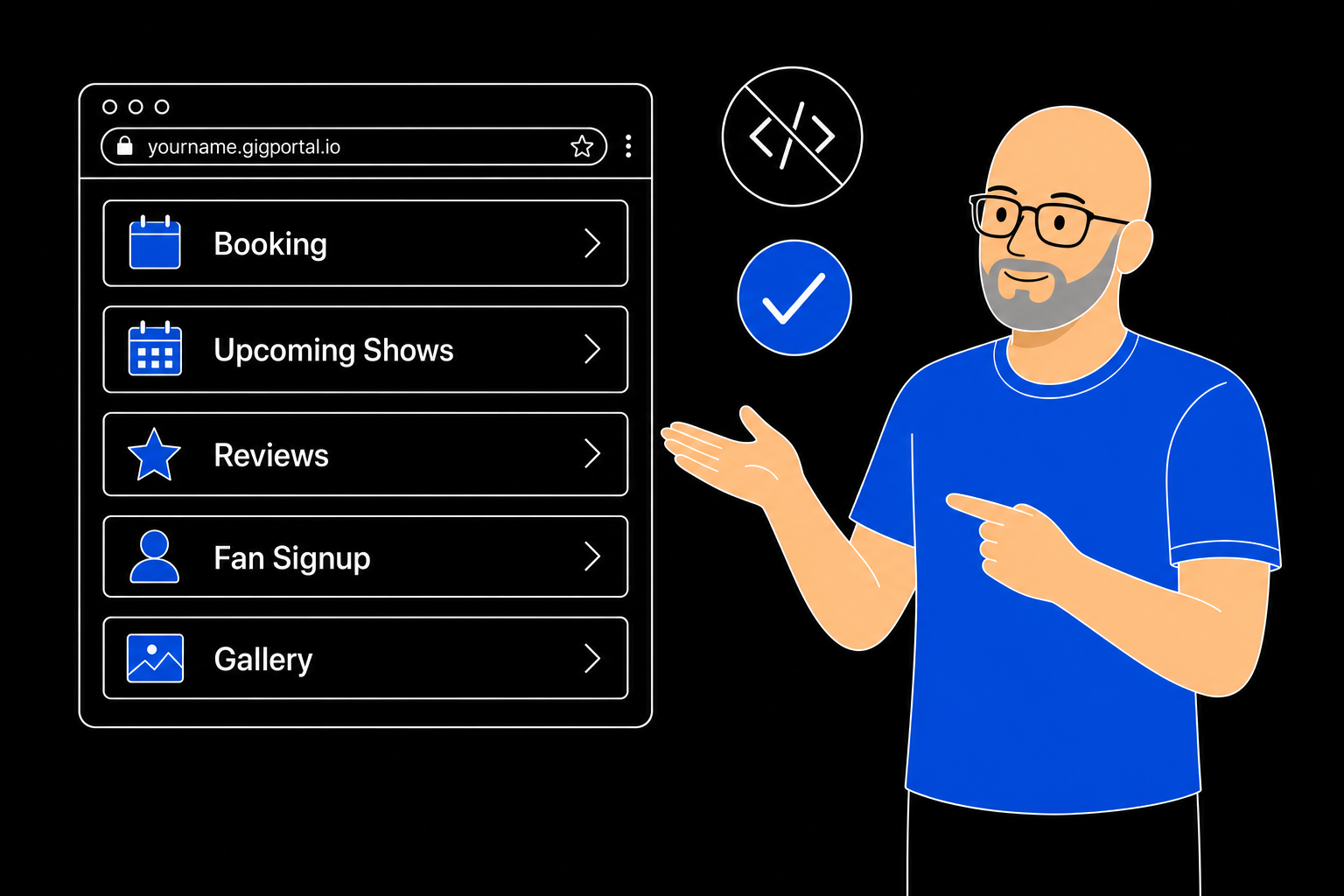 Built-in performer website features with no embed code